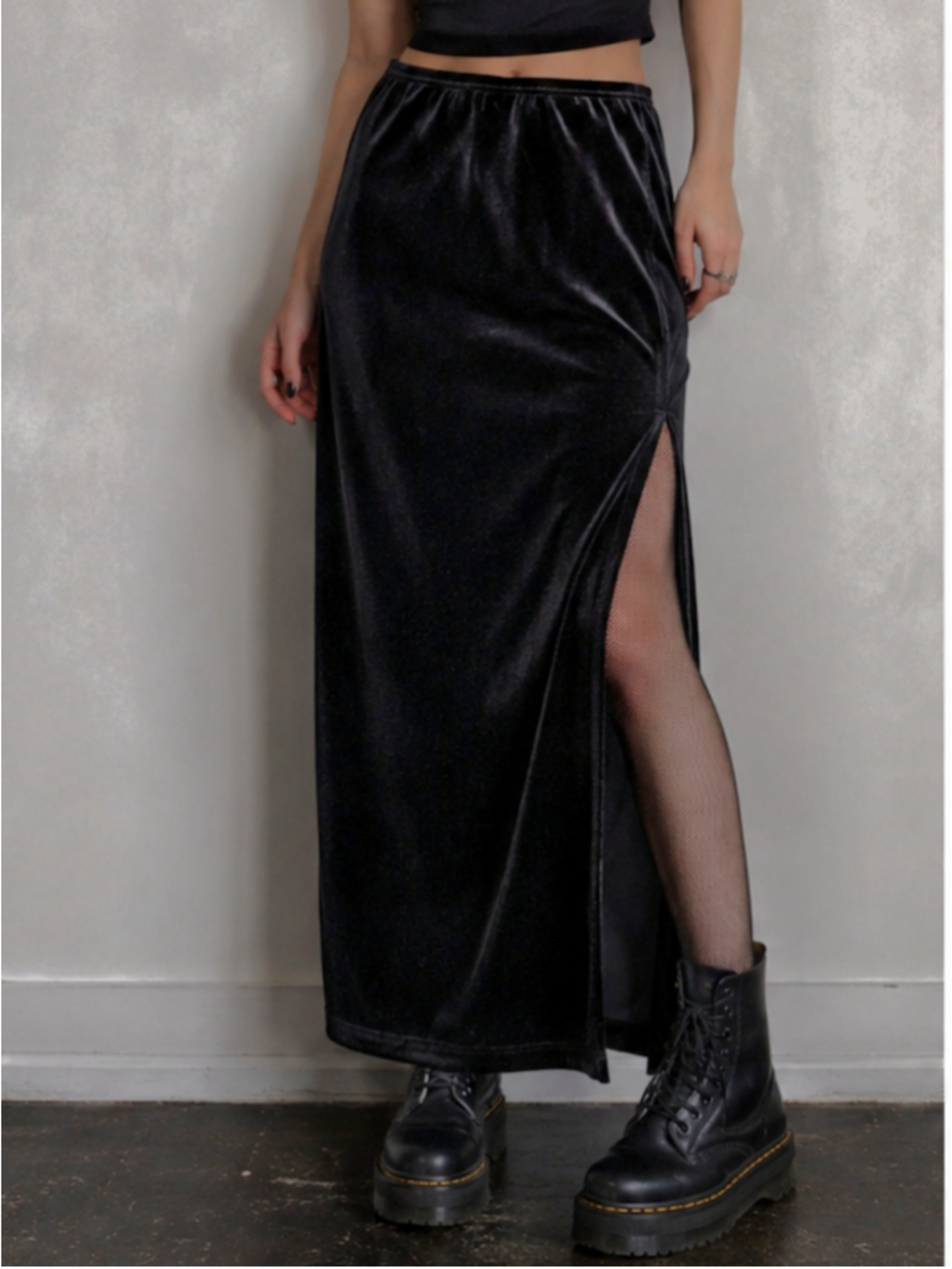 Vintage 90s Ronni Nicole Black Velvet Maxi Skirt Side Slit High Waist Large